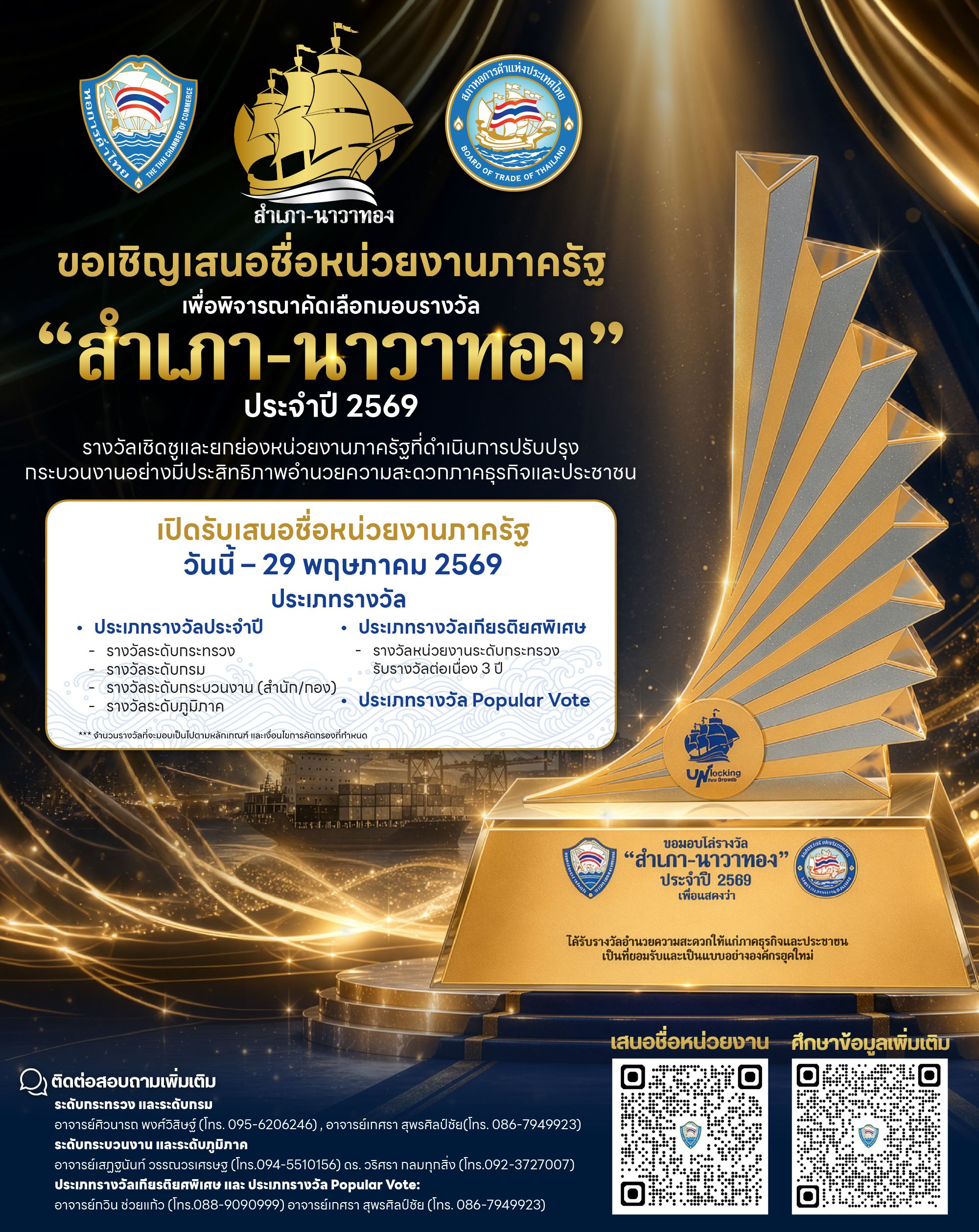 หอการค้าไทยและสภาหอการค้าแห่งประเทศไทย เชิญร่วมเสนอชื่อหน่วยงานภาครัฐที่โดดเด่นด้านการอำนวยความสะดวกและยกระดับบริการ เพื่อเข้ารับรางวัลสำเภานาวาทอง รางวัลต้นแบบการบริการภาครัฐเพื่อภาคธุรกิจและประชาชน